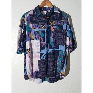 Vintage CAMPUS Mysterious Print Secret Code Abstract Art Button Up Rayon Shirt M